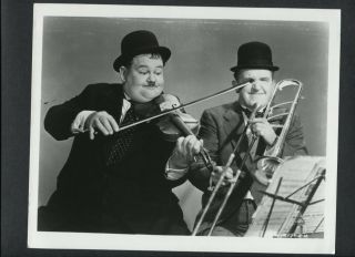 Laurel & Hardy With Musical Intruments - 1940 Saps At Sea - 1960s Reprint Photo