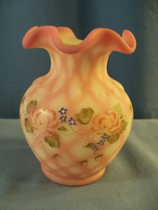 Fenton Burmese Glass Hand Painted Diamond Optic Vase - Pink Roses - 4 1/4 " Tall