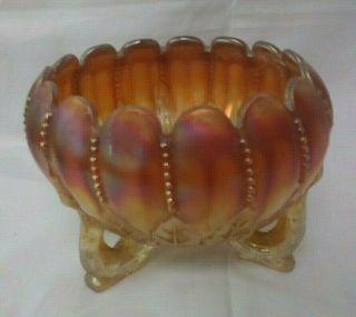 Marigold Carnival Glass Leaf With Beads Rose Bowl - Northwoods Style 5 1/2 "