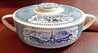Currier And Ives Royal China Blue 1.  25 Qt Round Casserole Dish With Lid