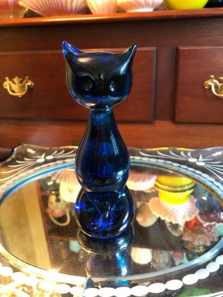 Rare Vintage Mid Century Cobalt Blue Glass Cat Kitty Figurine Statue