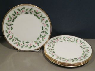 Lenox Dimension " Holiday " Gold Holly Berry Set 4 Dinner Plates (12 Available)