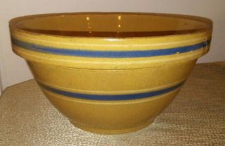 11 1/2 " Antique Yellow Ware Mixing Bowl Vintage Blue & White Stripe