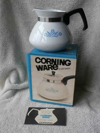 Vintage Corning Ware Cornflower Blue 6 Cup Tea Pot W/ Box P - 104