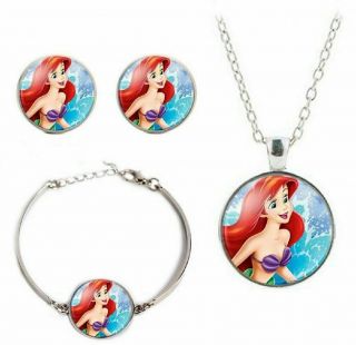 Little Mermaid Ariel Glass Dome Pendant Necklace Earring & Bracelet Jewelry Set
