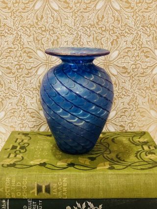 Vintage Loetz - Style Art Glass Vase In Blue; Art Glass Vase; Iridescescent Vase