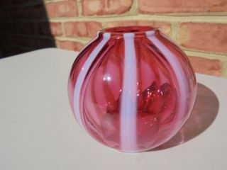 Vintage Fenton Art Glass Cranberry Opalescent Vertical Rib Stripe Rose Ivy Bowl