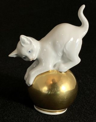 Vintage Rosenthal Porcelain Figurine Cat On Gold Ball