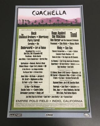 1999 Official Coachella Lineup 17”x11” Poster Rare Beck Tool Rage Against