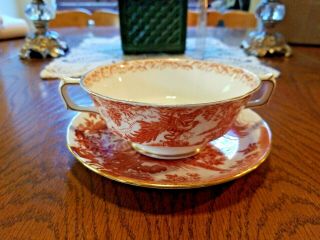 Royal Crown Derby Red Aves Double Handled Footed Cream Soup Bowl & Saucer Set