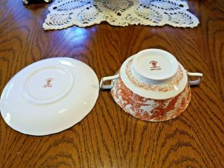 ROYAL CROWN DERBY RED AVES DOUBLE HANDLED FOOTED CREAM SOUP BOWL & SAUCER SET 6