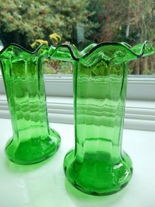 Antique Pair Hand Blown Green Glass Frilled Tops Hyacinth Paper White 