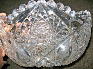 Vintage American Brilliant Period Cut Glass Bowl Sawtooth Rim Hobstar Crystal