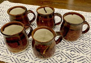 Signed Folk Art Handmade Glazed Pottery Coffee Mugs Cups Set Of Five