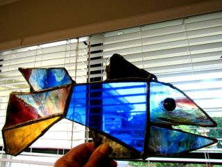 Vintage Handmade Stained Glass Fish 1950 