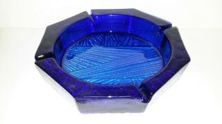 Vtg Blenko Art Glass Cobalt Blue Textured Bamboo Ashtray Fruit Bowl