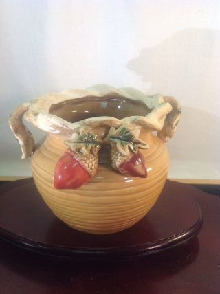 Vintage Hand Made Folk Art Pottery Vase Oak Acorns & Green Foliage Leaf Handles