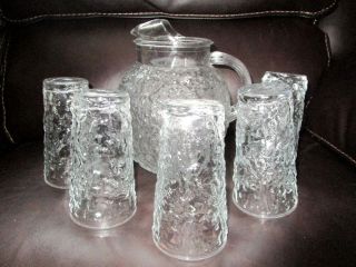 6 Piece Anchor Hocking Lido Milano Clear Textured Glass Ball Pitcher,  5 Tumblers