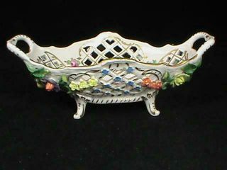 Antique Sp Dresden Reticulated Footed Bowl Hand Painted Floral & Gold 1902