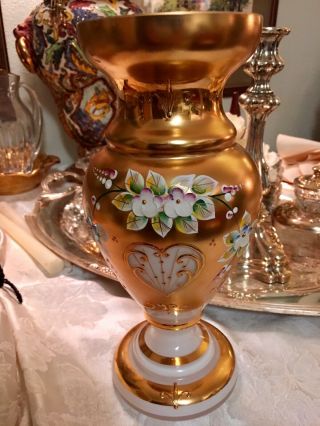 Vintage Bohemia Czech Republic 24k Gold & White Crystal Glass Vase 10.  5”
