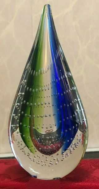 Crystal Glass Tear Drop Murano Style Art Glass Figurine Blue Green Bubble 10 In