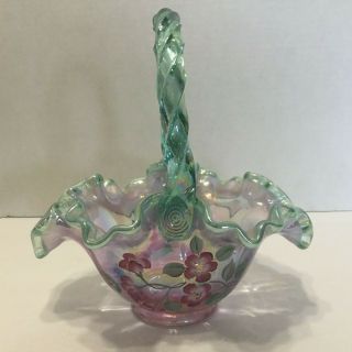 Fenton Hand Painted Pink And Green Opalescent Basket