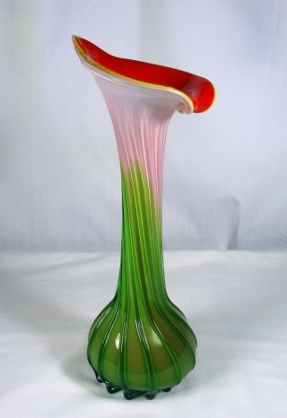 Tall Vintage Hand Made Lily Art Glass Ribbed Green Yellow Vase Red Cased 29.  5cm