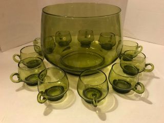 Vintage Green Glass Punch Bowl Set And Rare