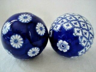 Carpet Balls Carpet Bowls 13 " Circumference Cobalt Blue & White Floral Set Of 2