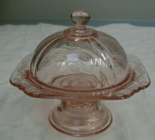 Vintage Pink Depression Indiana Glass Lidded Compote In Madrid Design