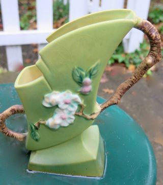 Vintage Roseville Pottery Green Apple Blossom Twig Handled Vase 373 - 7