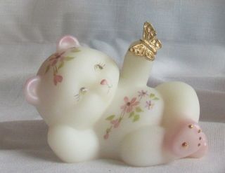 Fenton Bear White Satin Hand Painted Signed With Gold Butterfly