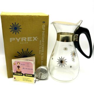 Vintage Pyrex Starburst Glass Coffee Tea Pot 8 Cup Carafe With Lid Tea Ball Box