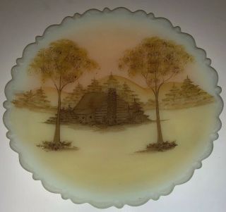 Dane F Hand Painted Log Cabin In The Woods Fenton Frosted Glass Plate Signed