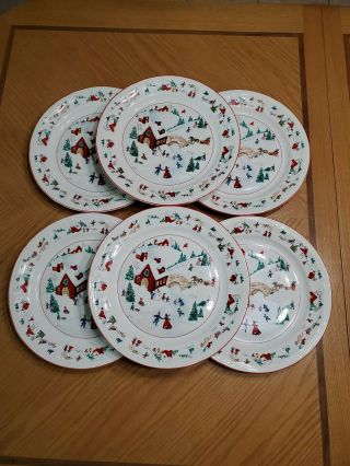 6 X Farberware White Christmas 10 3/4 " Dinner Plates Guc