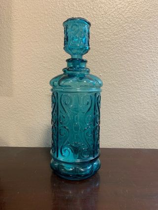 Vintage Empoli Italian Glass Blue Turquoise Decanter Genie Bottle Scroll Design