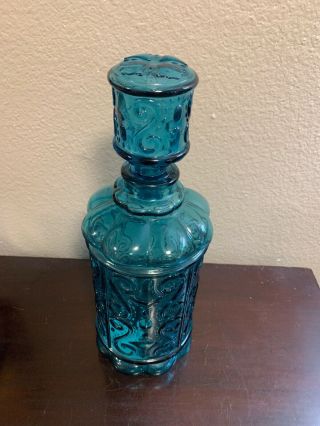 Vintage Empoli Italian Glass Blue Turquoise Decanter Genie Bottle Scroll Design 2