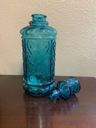 Vintage Empoli Italian Glass Blue Turquoise Decanter Genie Bottle Scroll Design 3
