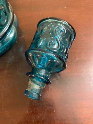 Vintage Empoli Italian Glass Blue Turquoise Decanter Genie Bottle Scroll Design 4