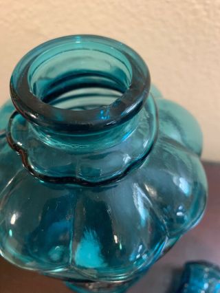 Vintage Empoli Italian Glass Blue Turquoise Decanter Genie Bottle Scroll Design 5