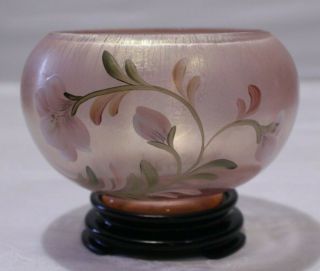 Fenton Hand Painted Sunset Stretch Glass Rose Pink Bowl W/ Black Base