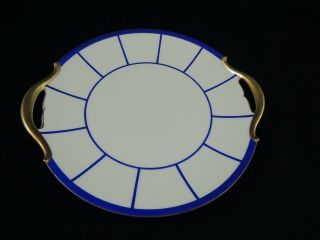 Raynaud & Co Limoge France Blue White Gold Handles Serving Tray 10.  5 "