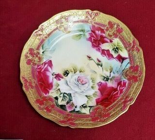 Nippon Hand Painted Red White Roses With Heavy Gold Plate Wall 9 "