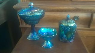 Set Of 3 Vintge Indiana Blue Harvest Grape Carnival Glass Iridescent Candy Dish.