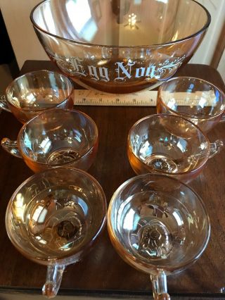 Vintage Hazel Atlas Marigold Carnival Glass Egg Nog Punch Bowl & 6 Cups