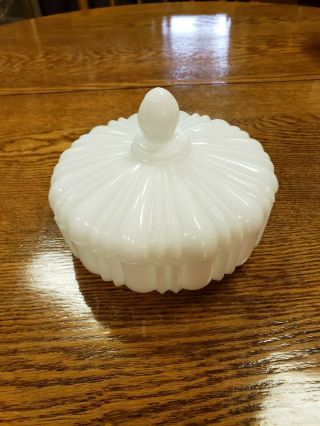 Vintage White Milk Glass Covered Round Candy Dish With Lid Finial Lined Ribbed