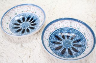 Elle Norwegian Pottery Hand Painted Ceramic Bowls Blue Floral Folk Art Norway