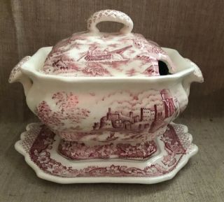Vintage Red Transferware Soup Tureen Serving Bowl With Underplate Castle Japan