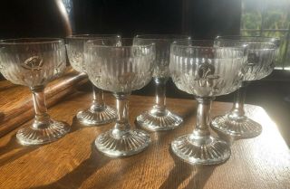 Six Iris & Herringbone Jeannette Glass 4 1/4” Cocktail Cordials 3oz Depression