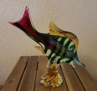 Large Murano Glass Multi - Colored Flying Fish On Stand